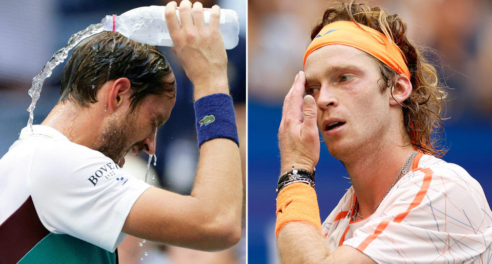 Daniil Medvedev and Andrey Rublev battled through brutally hot conditions in their US Open quarter-final. Pic: Getty