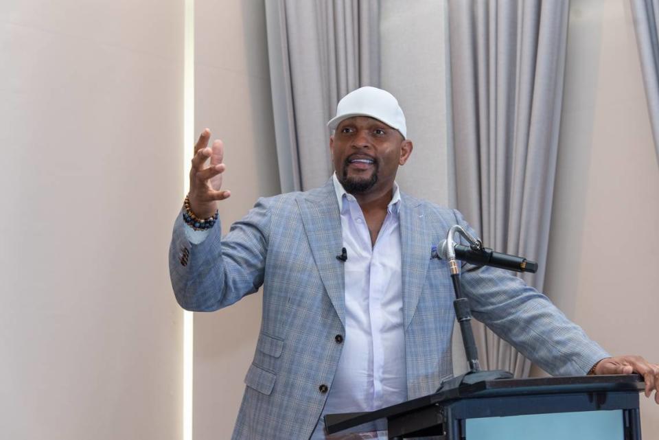 Super Bowl MVP and two-time Super Bowl champion Ray Lewis speaks at Carmel Country Club in Charlotte on a speaking tour on Friday, Jan. 12, 2024.