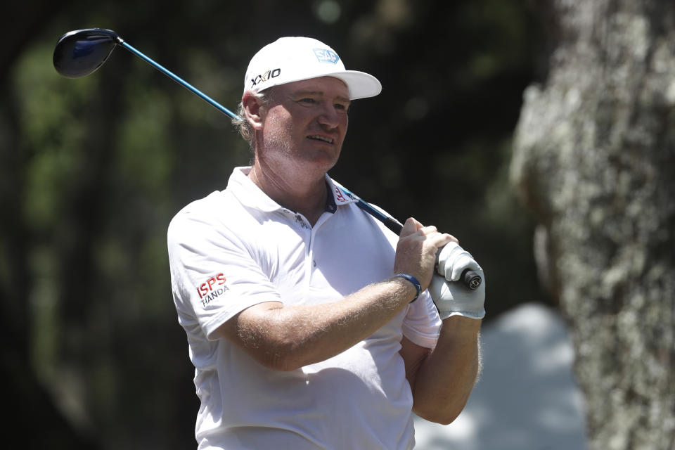 Ernie Els of South Africa, watches his shot from the 16th tee, during the first round of the RBC Heritage golf tournament, Thursday, June 18, 2020, in Hilton Head Island, S.C. (AP Photo/Gerry Broome)