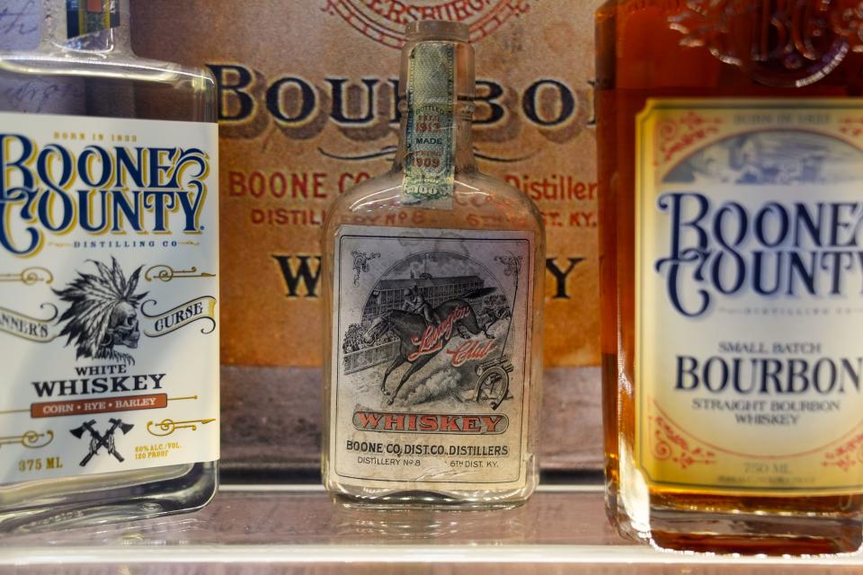 The oldest known Boone County Distilling Company bottle sits displayed with other bottles,, Tuesday, Oct. 3, 2023, at Boone County Distilling Company.