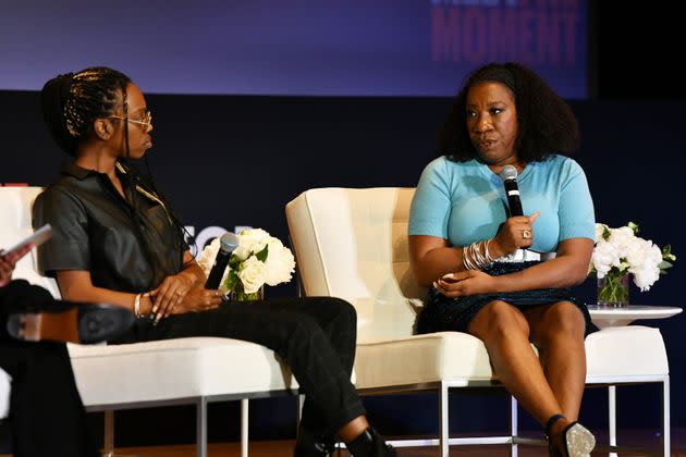 Kaia Naadira (left) and Tarana Burke speak onstage during The Meteor: Meet the Moment Summit at Brooklyn Museum on Nov. 12, 2022, in New York City.