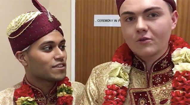 Jahed Choudhury, aged 24, tied the knot with Sean Rogan, 19, at a low-key ceremony at Walsall registry office, wearing traditional Muslim golden Sherwanis. Picture: Express and Star