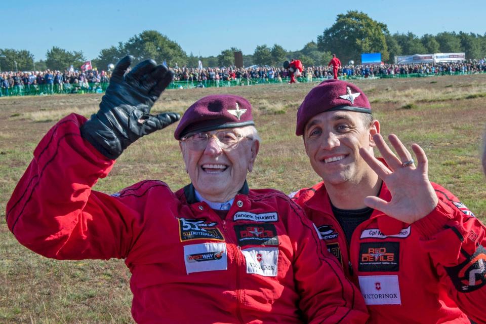 Veteran Sandy Cortmann beamed as he carried out an impressive tandem parachute jump (PA)