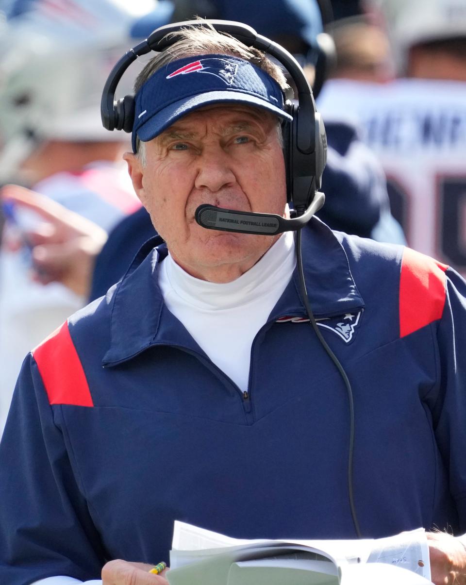 Oct 30, 2022; East Rutherford,NJ, USA;  New England Patriots head coach Bill Belichick looks on in the first half against the New York Jets at MetLife Stadium. Mandatory Credit: Robert Deutsch-USA TODAY Sports