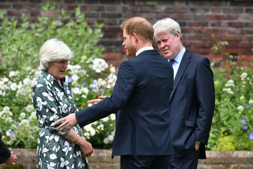 Prince Harry, Duke of Sussex with his aunt Lady Jane Fellowes and uncle Earl Spencer during the unveiling of a statue of Diana, Princess of Wales, in the Sunken Garden at Kensington Palace, on what would have been her 60th birthday on July 1, 2021 in London, England. Today would have been the 60th birthday of Princess Diana, who died in 1997. At a ceremony here today, her sons Prince William and Prince Harry, the Duke of Cambridge and the Duke of Sussex respectively, will unveil a statue in her memory. (Photo by Dominic Lipinski - WPA Pool/Getty Images)