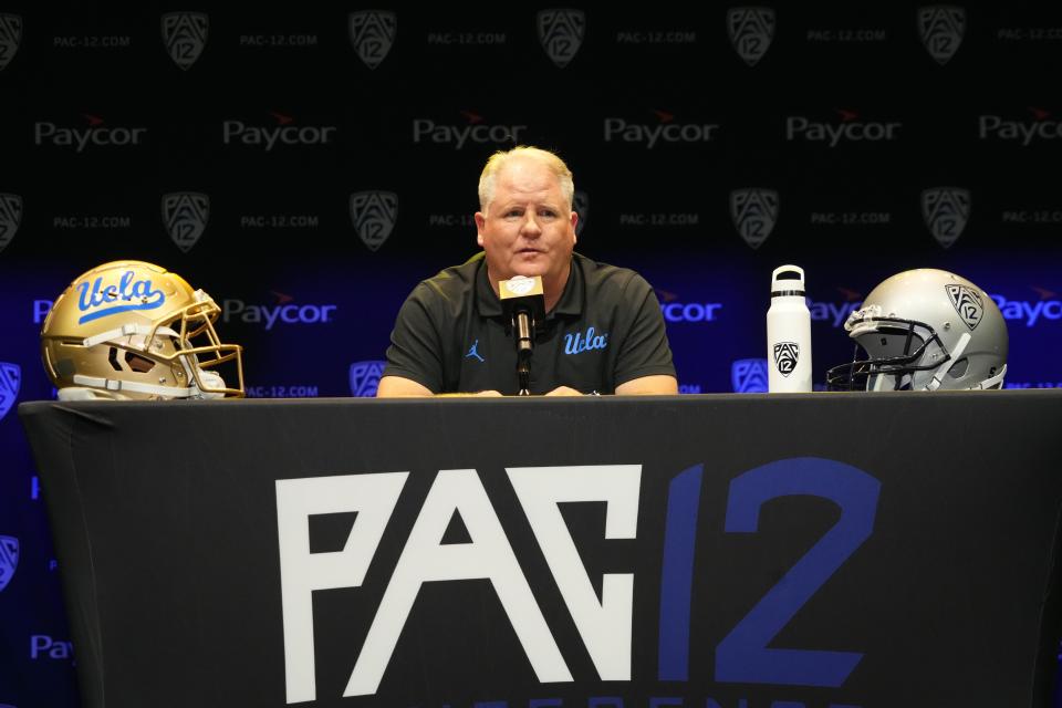 Jul 29, 2022; Los Angeles, CA, USA; UCLA Bruins coach Chip Kelly speaks during Pac-12 Media Day at Novo Theater. Mandatory Credit: Kirby Lee-USA TODAY Sports