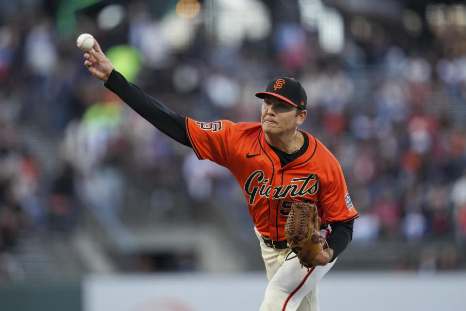 San Francisco Giants pitcher Spencer Howard throws to a Los Angeles Angels batter during the first inning of a baseball game Friday, June 14, 2024, in San Francisco. (AP Photo/Godofredo A. Vásquez)