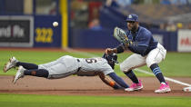 Detroit Tigers' Wenceel Perez (46) dives back safely to first base ahead of the pickoff throw to Tampa Bay Rays first baseman Yandy Diaz during the first inning of a baseball game Tuesday, April 23, 2024, in St. Petersburg, Fla. (AP Photo/Chris O'Meara)