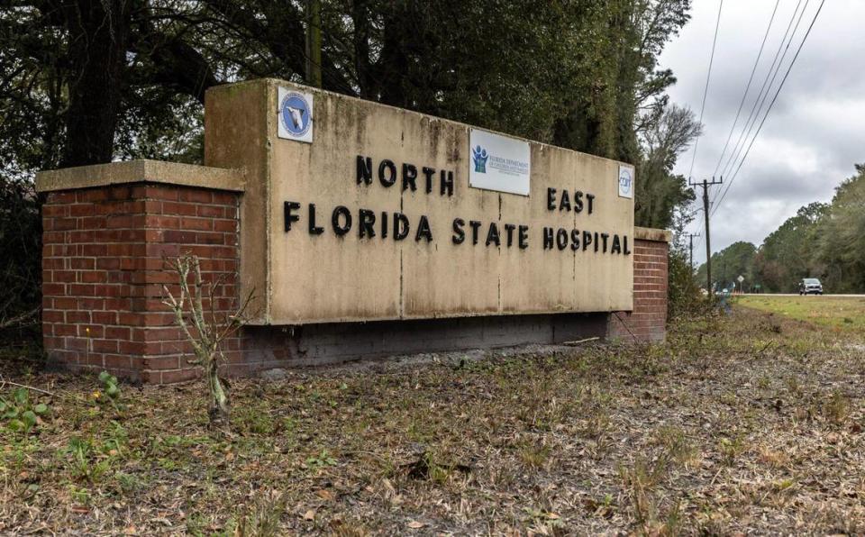 A road sign welcomes visitors to Northeast Florida State Hospital, where the brutal killings of two psychiatric patients have exposed safety concerns at the facility and other state mental hospitals