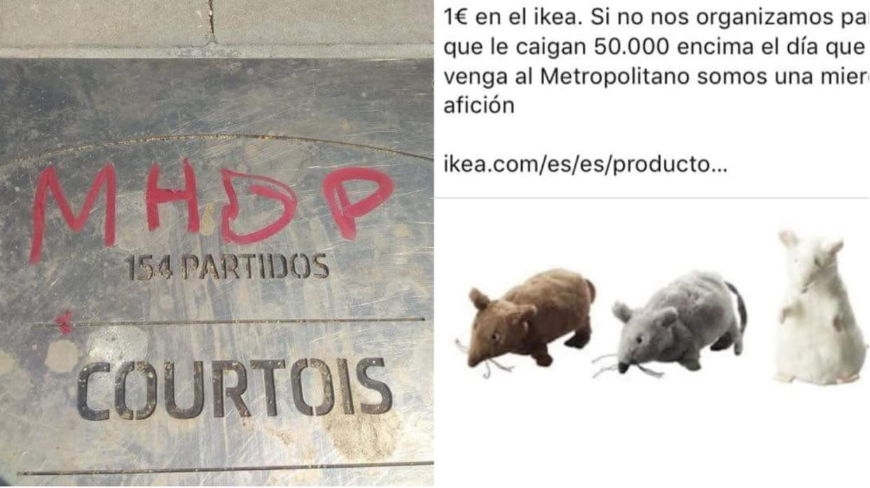 La placa de Courtois cerca del estadio Metropolitano (Izquierda) y peluches de ratones del IKEA. | Foto: Twitter