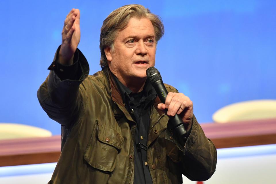 Former White House strategist Steve Bannon addresses members of the far right National Front party in the northern French city of Lille.