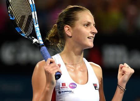 Tennis - Brisbane International - Pat Rafter Arena, Brisbane, Australia - 7/1/17 Czech Republic's Karolina Pliskova reacts after winning the Women's singles final against France's Alize Cornet. REUTERS/Steve Holland