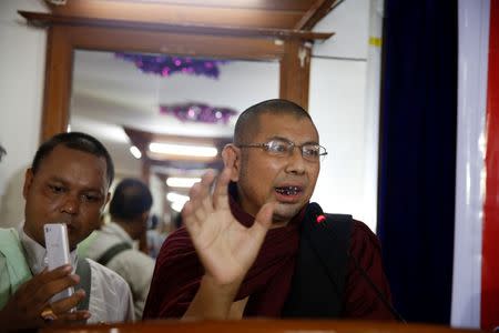 Parmaukkha talks to media during a press conference about a scuffle between Buddhist nationalists and Muslims in Yangon, Myanmar, May 11, 2017. Picture taken on May 11, 2017. REUTERS/Soe Zeya Tun