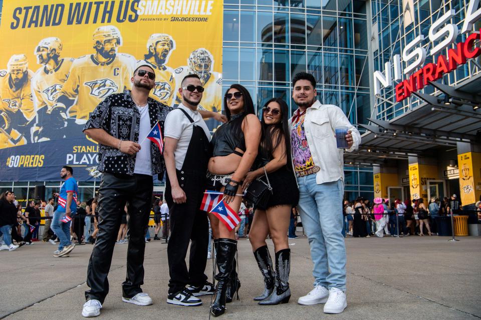 Bad Bunny fans, from left, Steven Santo, Nick Bermudez, Layla Nix, Jessica Garcia and Frank Martinez pose for a portrait at Bridgestone Arena in Nashville, Tenn., Saturday, May 11, 2024. Bad Bunny performs on stage for his “Most Wanted Tour” promoting his fifth album “Nadie Sabe Lo Que Va a Pasar Mañana”.