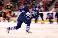 OTTAWA, ON - JANUARY 28: Dion Phaneuf #3 of the Toronto Maple Leafs and team Chara takes a shot during the Blackberry NHL Hardest Shot part of the 2012 Molson Canadian NHL All-Star Skills Competition at Scotiabank Place on January 28, 2012 in Ottawa, Ontario, Canada. (Photo by Christian Petersen/Getty Images)