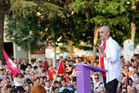 Albania's ruling Socialist Party leader, Prime Minister Edi Rama speaks during a post-elections rally in Tirana, Albania June 27, 2017. REUTERS/Florion Goga