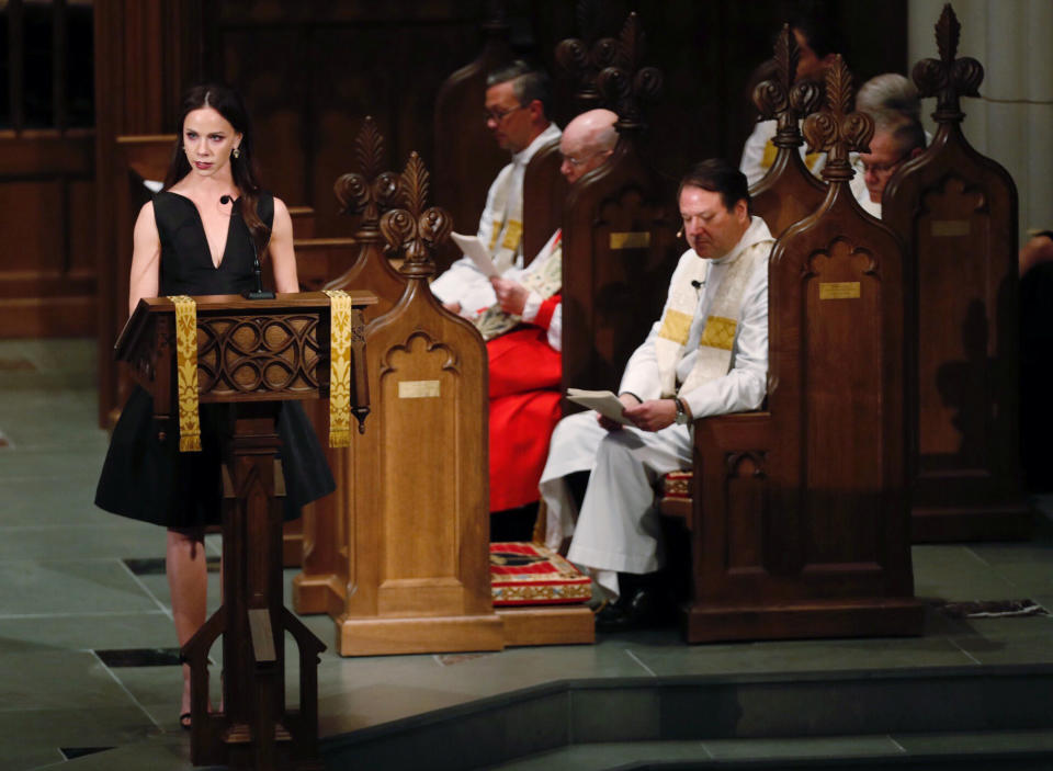 <p>Barbara Bush, daughter of George W. and Laura Bush speaks during the funeral for former First Lady Barbara Bush at St. Martin’s Episcopal Church in Houston, Texas, April 21, 2018. (Photo: Brett Coomer/Pool via Reuters) </p>