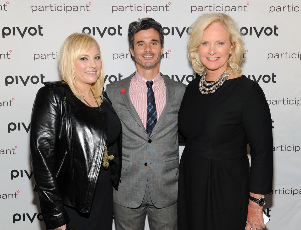 Columnist Meghan McCain, left, Pivot network president Evan Shapiro and Cindy McCain, wife of Sen. John McCain, attend Participant Media's Pivot cable network launch event at the Museum of Arts & Design on Wednesday March 27, 2013 in New York. (Photo by Evan Agostini/Invision/AP)