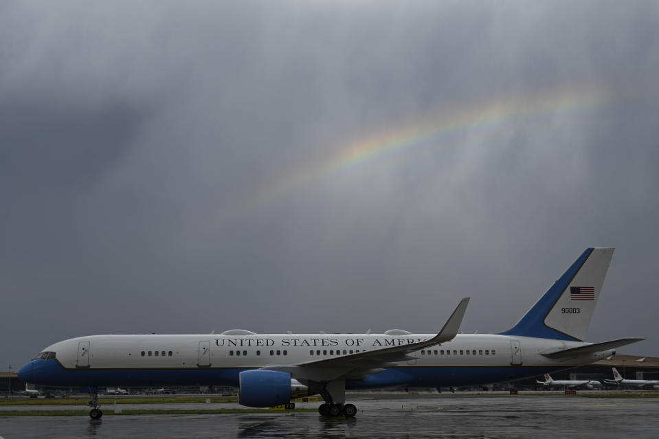A rainbow is seen as a plane carrying Treasury Secretary Janet Yellen taxis after arriving at Beijing Capital International Airport in Beijing, China, Thursday, July 6, 2023. (Pedro Pardo/Pool Photo via AP)