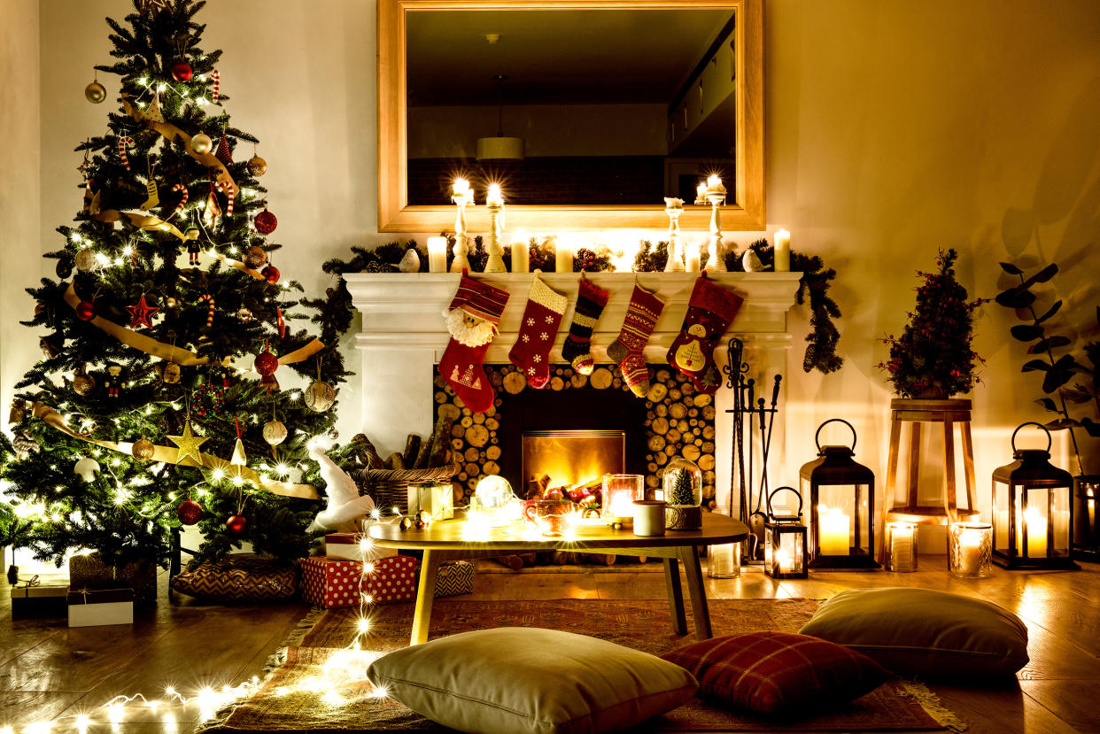 christmas stockings on mantle for christmas morning