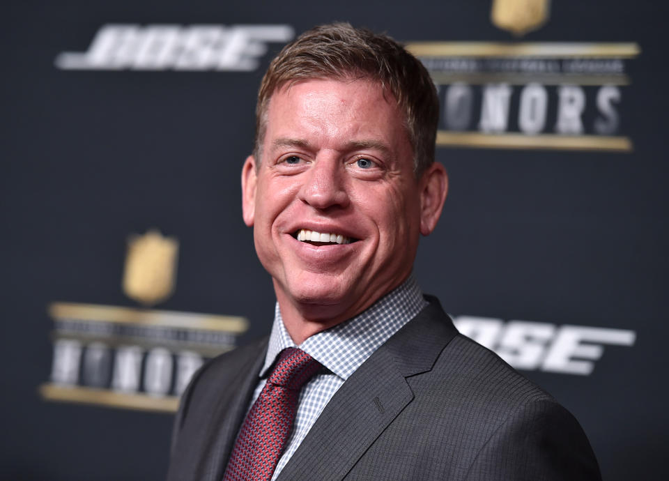 Former NFL player Troy Aikman arrives at the 5th annual NFL Honors at the Bill Graham Civic Auditorium on Saturday, Feb. 6, 2016, in San Francisco. (Photo by Jordan Strauss/Invision for NFL/AP Images)