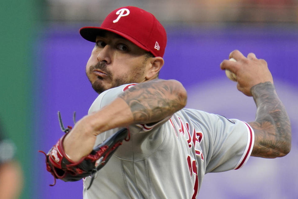 Philadelphia Phillies starting pitcher Vince Velasquez delivers during the first inning of the team's baseball game against the Pittsburgh Pirates in Pittsburgh, Friday, July 30, 2021. (AP Photo/Gene J. Puskar)