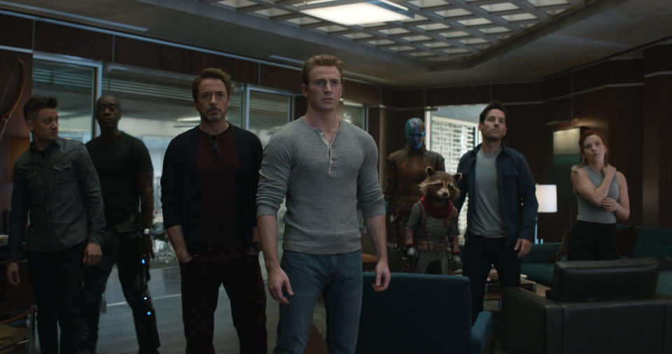 Still from 'Avengers: Endgame' featuring Hawkeye/Clint Barton (Jeremy Renner), War Machine/James Rhodey (Don Cheadle), Iron Man/Tony Stark (Robert Downey Jr.), Captain America/Steve Rogers (Chris Evans), Nebula (Karen Gillan), Rocket (voiced by Bradley Cooper), Ant-Man/Scott Lang (Paul Rudd) and Black Widow/Natasha Romanoff (Scarlett Johansson). | Film Frame—Marvel Studios 2019