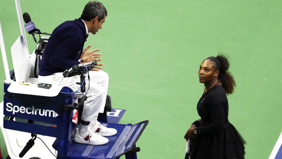 Serena Williams argues with umpire Carlos Ramos during the US Open final. (Photo by Al Bello/Getty Images)
