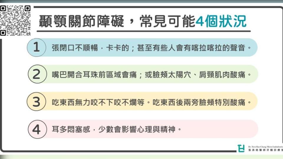 顳顎關節障礙常見症狀。（圖／張添皓醫師的牙髓診療室）