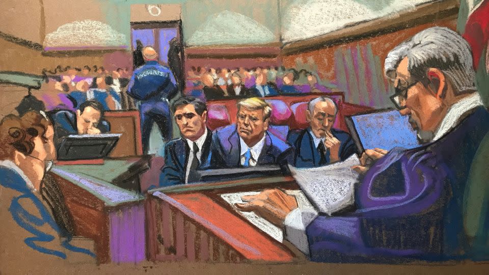 Court sketch of former U.S. President Donald Trump flanked by his attorneys — Emil Bove (R) and Todd Blanche (L) — in a Manhattan courtroom during his trial. Judge Juan Merchan (seen in foreground on the right) presides over the criminal trial. - Christine Cornell