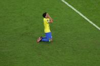 Brazil's Marquinhos reacts after he failed to score a penalty kick in the penalty shoot out at the World Cup quarterfinal soccer match between Croatia and Brazil, at the Education City Stadium in Al Rayyan, Qatar, Friday, Dec. 9, 2022. (AP Photo/Alessandra Tarantino)