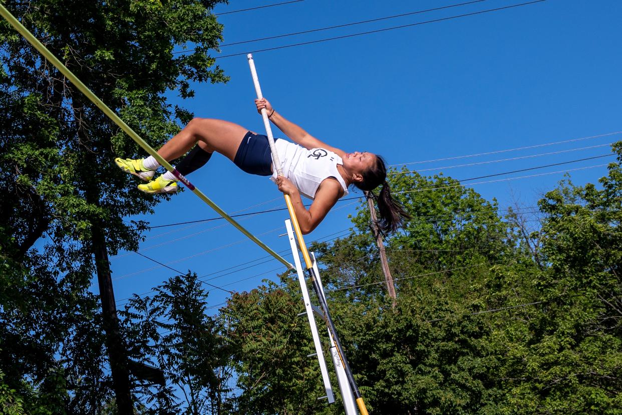 Jamie Kim from Old Tappan competes in the girls pole vault during the Lou Lanzalotto Bergen Meet of Champions at Hackensack High School on Friday, May 19, 2023. 