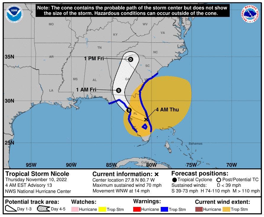 4 a.m. forecast track for Tropical Storm Nicole.