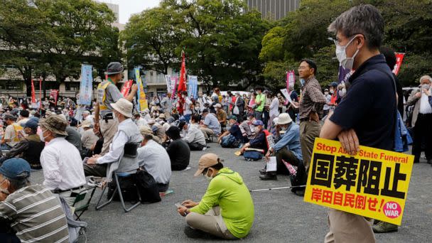 PHOTO: Protesters gather a park in Tokyo on Sept. 23, 2022, to demand the cancellation of former Japanese Prime Minister Shinzo Abe's state funeral. (Yuri Kageyama/AP)