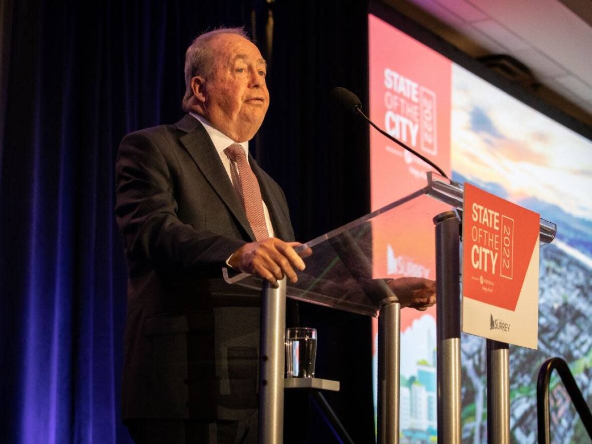 Mayor Doug McCallum is pledging to build a 60,000 seat stadium in Surrey if re-elected.  (Justine Boulin/CBC News - image credit)