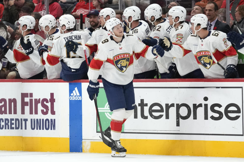 Florida Panthers center Steven Lorentz (18) celebrates his goal against the Detroit Red Wings in the second period of an NHL hockey game Thursday, Nov. 2, 2023, in Detroit. (AP Photo/Paul Sancya)