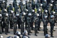 Police guard the venue of a party congress for the German right wing party AfD (Alternative fuer Deutschland) on April 30, 2016 in Stuttgart