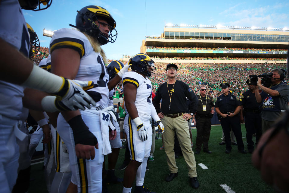 For fans watching Notre Dame-Michigan on NBC on Saturday, it looked as if a flag had been thrown on every Michigan offensive play. (Getty Images)