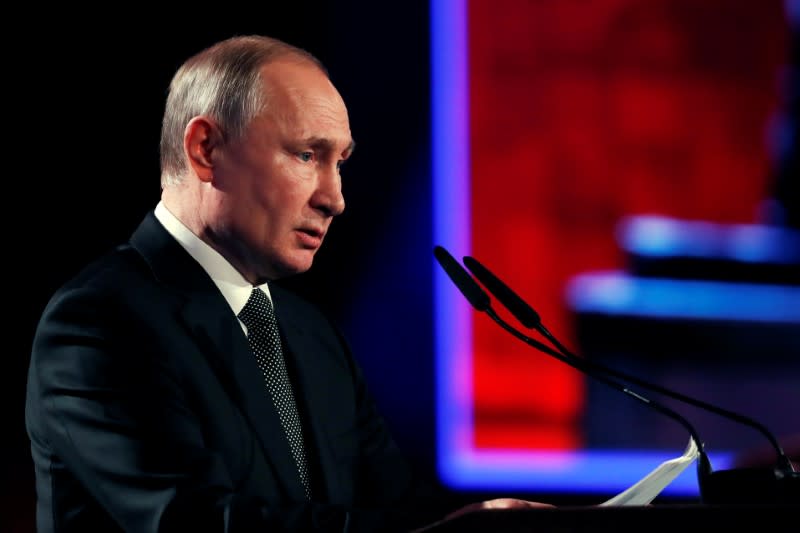 Russian President Vladimir Putin speaks at the World Holocaust Forum marking 75 years since the liberation of the Nazi extermination camp Auschwitz, at Yad Vashem Holocaust memorial centre in Jerusalem