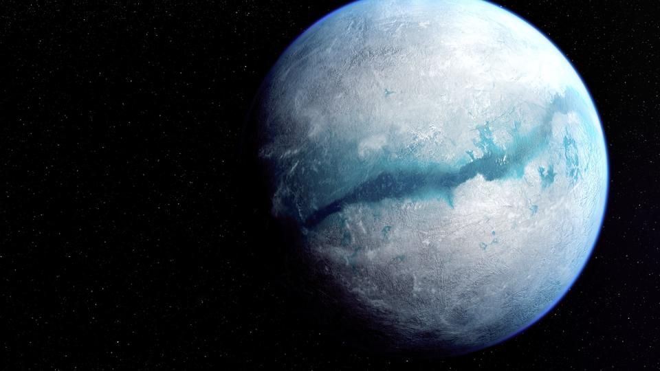 The frozen planet in the midst of a Snowball event in Earth.