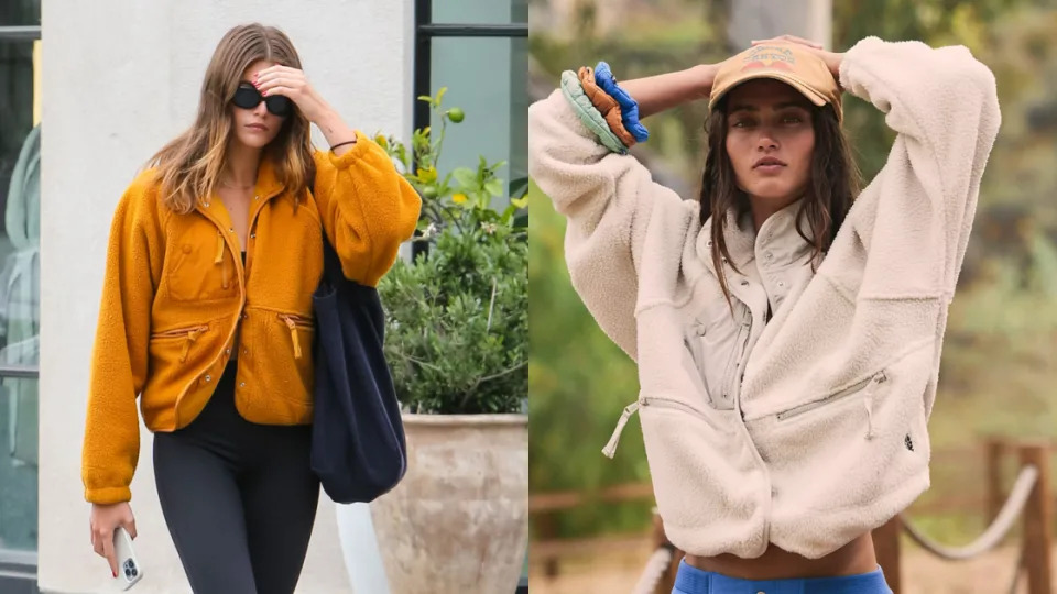 kaia gerber wearing burnt orange free people fleece jacket and black leggings, Kaia Gerber in Free People's Hit The Slopes Fleece Jacket (Photos via Getty & Free People)