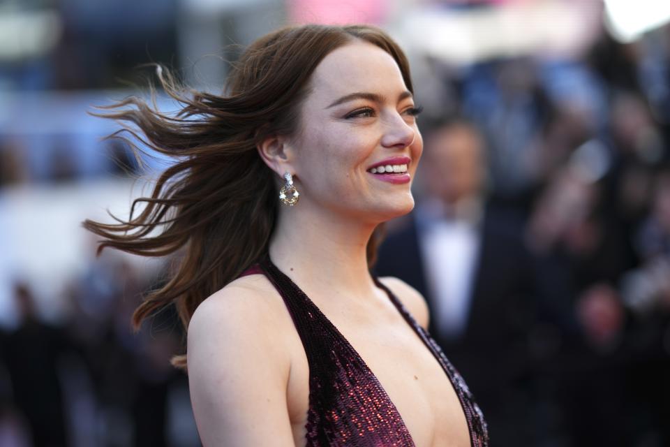 Emma Stone poses for photographers upon arrival at the premiere of the film 'Kinds of Kindness' at the 77th international film festival, Cannes, southern France, Friday, May 17, 2024. (Photo by Scott A Garfitt/Invision/AP)