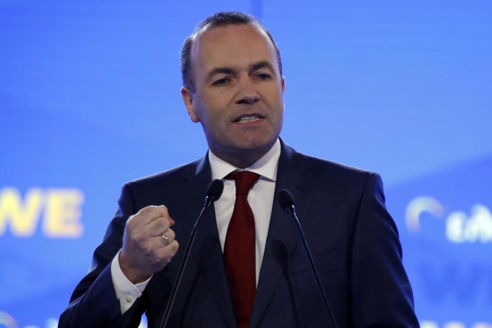 European People's Party candidate Manfred Weber delivers a speech at Zappio Congress Hall in Athens on Tuesday, April 23, 2019. Weber is in Greece for the official launch of his campaign for the May 23-26 European Parliament elections. (AP Photo/Thanassis Stavrakis)