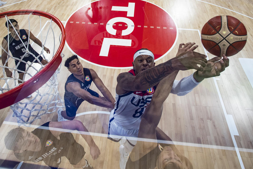 Paolo Banchero (8) of USA vies for the ball during the FIBA Basketball World Cup Group C game between United States and New Zealand in Pasay, Metro Manila, Philippines on Saturday Aug. 26, 2023. (Ezra Acayan/Pool Photo via AP)