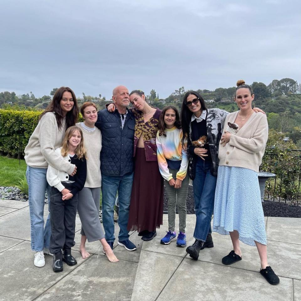 Bruce Willis (fourth from left) with his family: daughters Mabel, Evelyn, Rumer, Scout and Tallulah, wife Emma Heming Willis, and ex-wife Demi Moore (second from right). demimoore/Instagram
