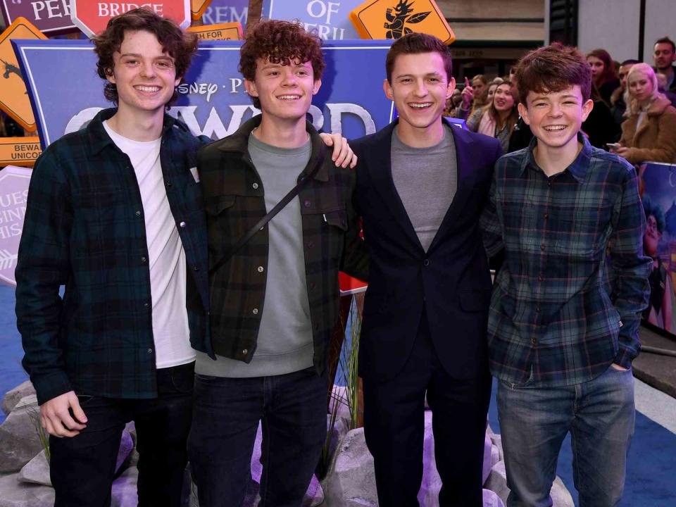 <p>Dave J Hogan/Getty</p> Sam Holland, Harry Holland, Tom Holland and Paddy Holland attend the "Onward" UK Premiere in 2020