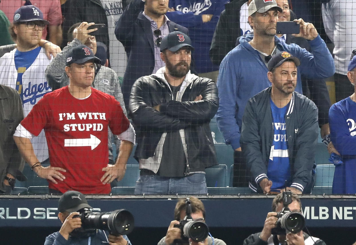 LOS ANGELES, CA - OCTOBER 28:  Matt Damon, Ben Affleck and Jimmy attend The Los Angeles Dodgers Game - World Series - Boston Red Sox v Los Angeles Dodgers - Game Five at Dodger Stadium on October 28, 2018 in Los Angeles, California.  (Photo by Jerritt Clark/Getty Images)