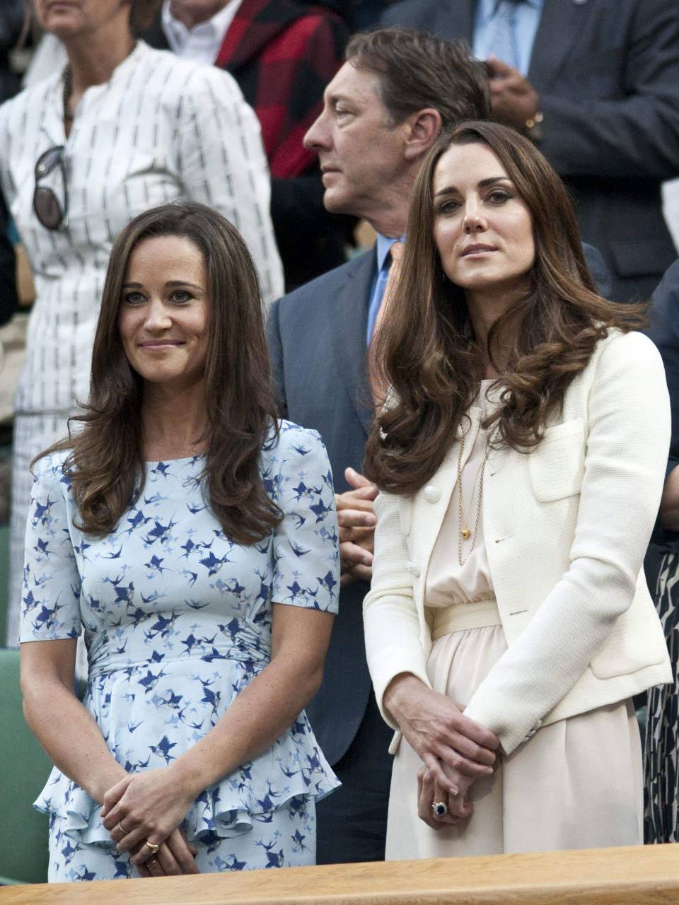 July 8, 2012 Pippa Middleton and HRH Duchess of Cambridge watching Roger Federer of Switzerland defeating Andy Murray of Great Britain and claiming men's singles title at the Wimbledon Championships, played at All England Lawn Tennis and Croquet Club, London, England 