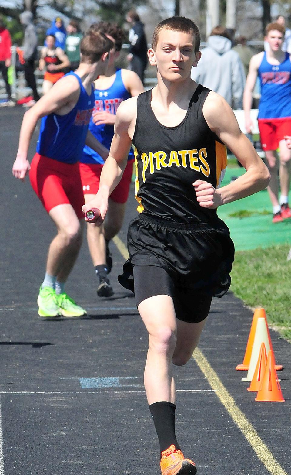 Black River High School’s Dillon Royster runs a lap of the boys 4x800 meter relay during the HealthPoint Husky Invitational at Northwestern High School Saturday, April 16, 2022. LIZ A. HOSFELD/FOR TIMES-GAZETTE.COM