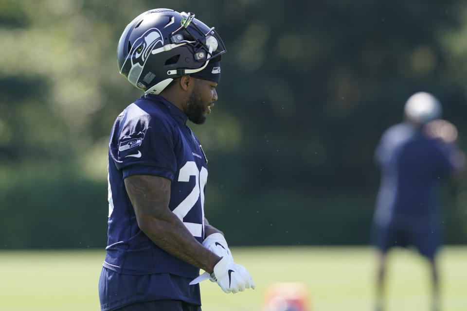 Seattle Seahawks running back Rashaad Penny walks on the field after NFL football practice Thursday, July 29, 2021, in Renton, Wash. (AP Photo/Ted S. Warren)